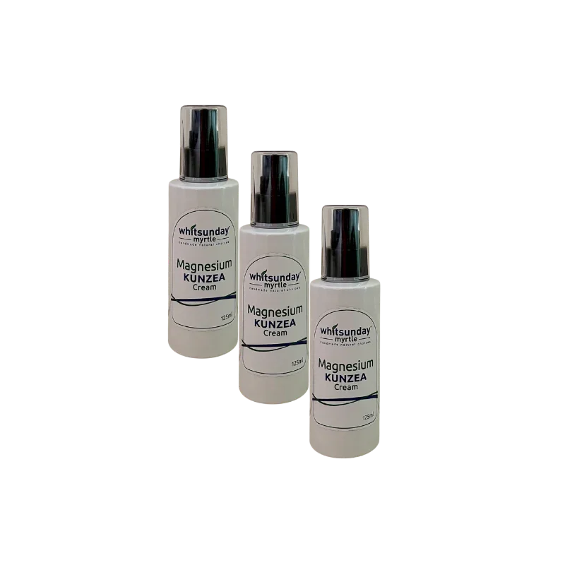 Magnesium Kunzea Cream Bottles with sleek white design and black spray caps